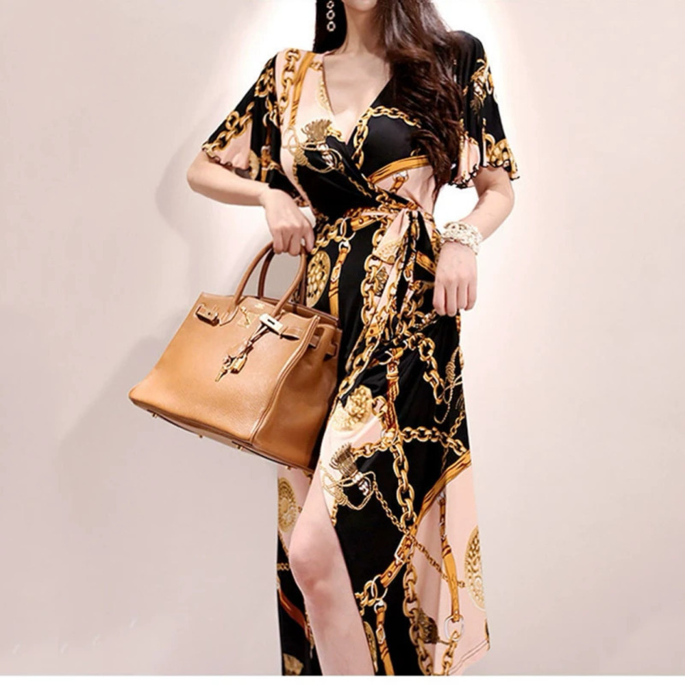 ZARA Ruffle Sleeve Printed Maxi Dress Summer Elegant Tie Neck Tie Waist Gown